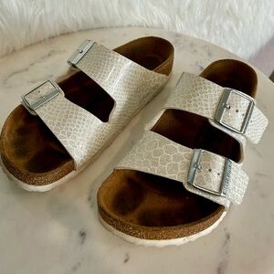 Birkenstock Magic Snake White and Silver Sandals with Silver Buckle